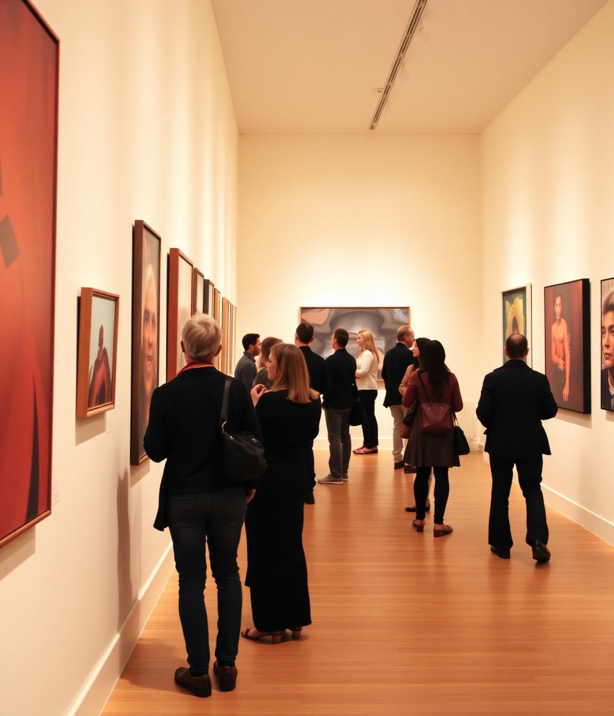 Visitors in a warmly lit contemporary art gallery