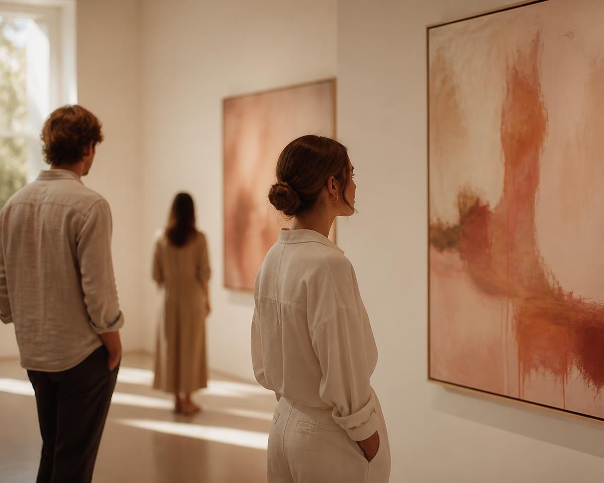 Visitors in a warmly lit contemporary art gallery