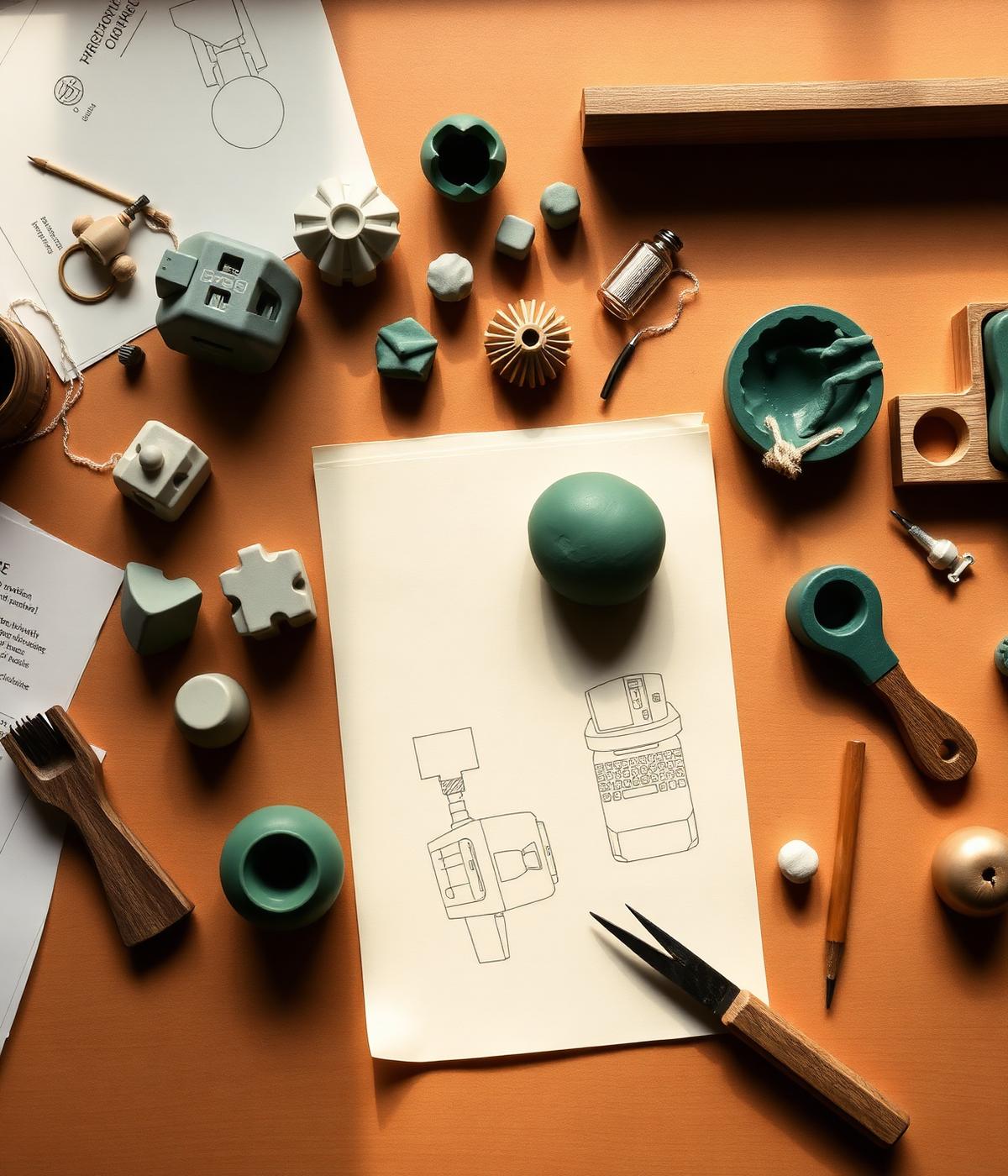 A workbench of prototypes, sketches and clay models